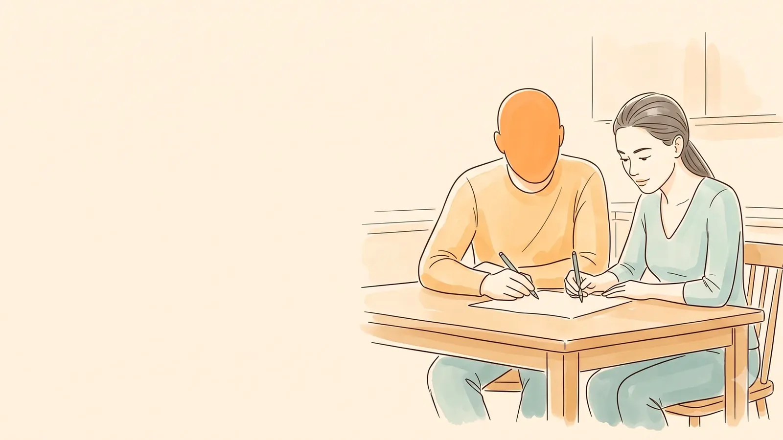 Couple writing notes together at a table, working through a disagreement instead of blaming her hormones