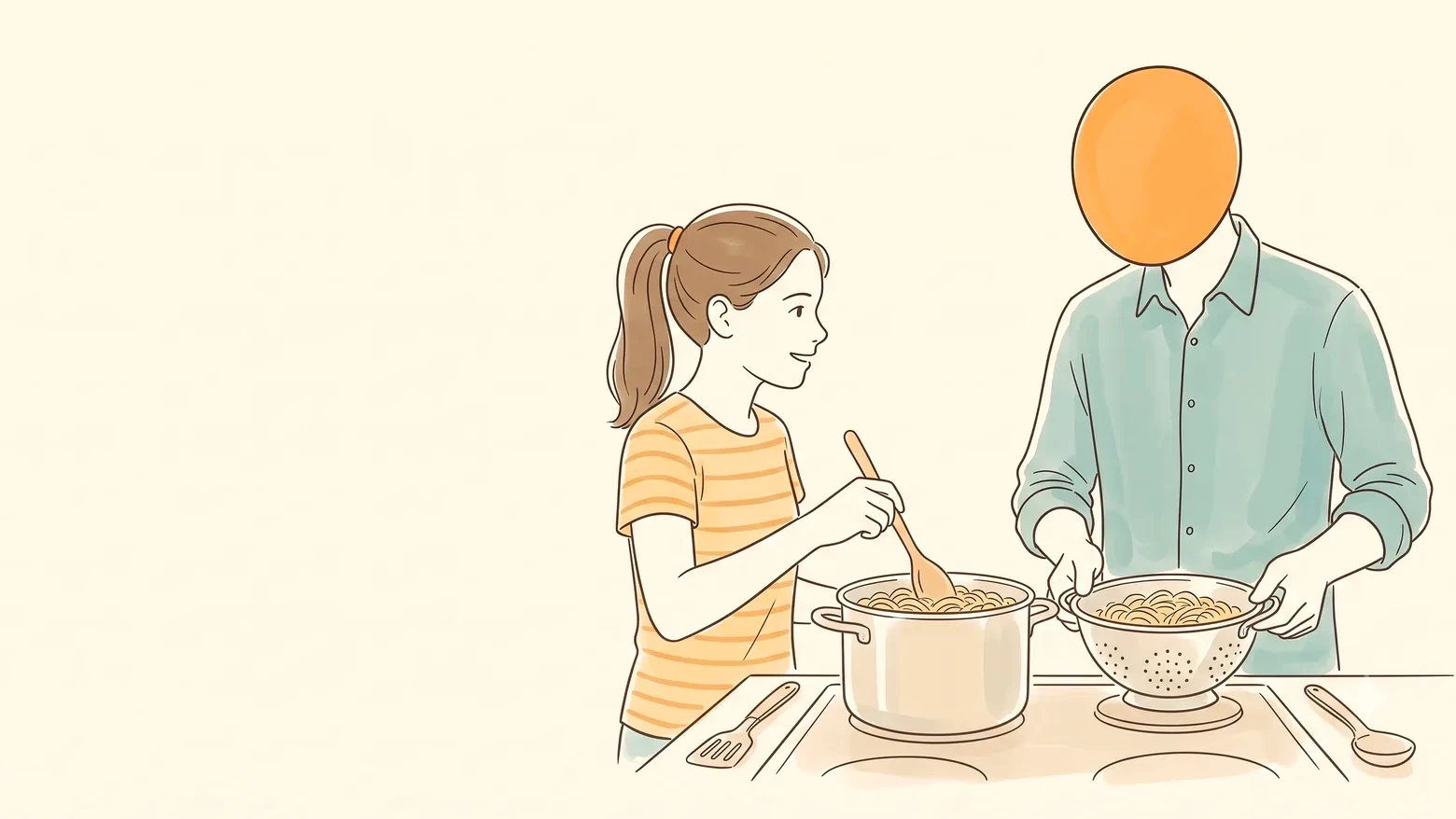 Dad and daughter cooking pasta together, a low-pressure routine during a hard week of ADHD and periods