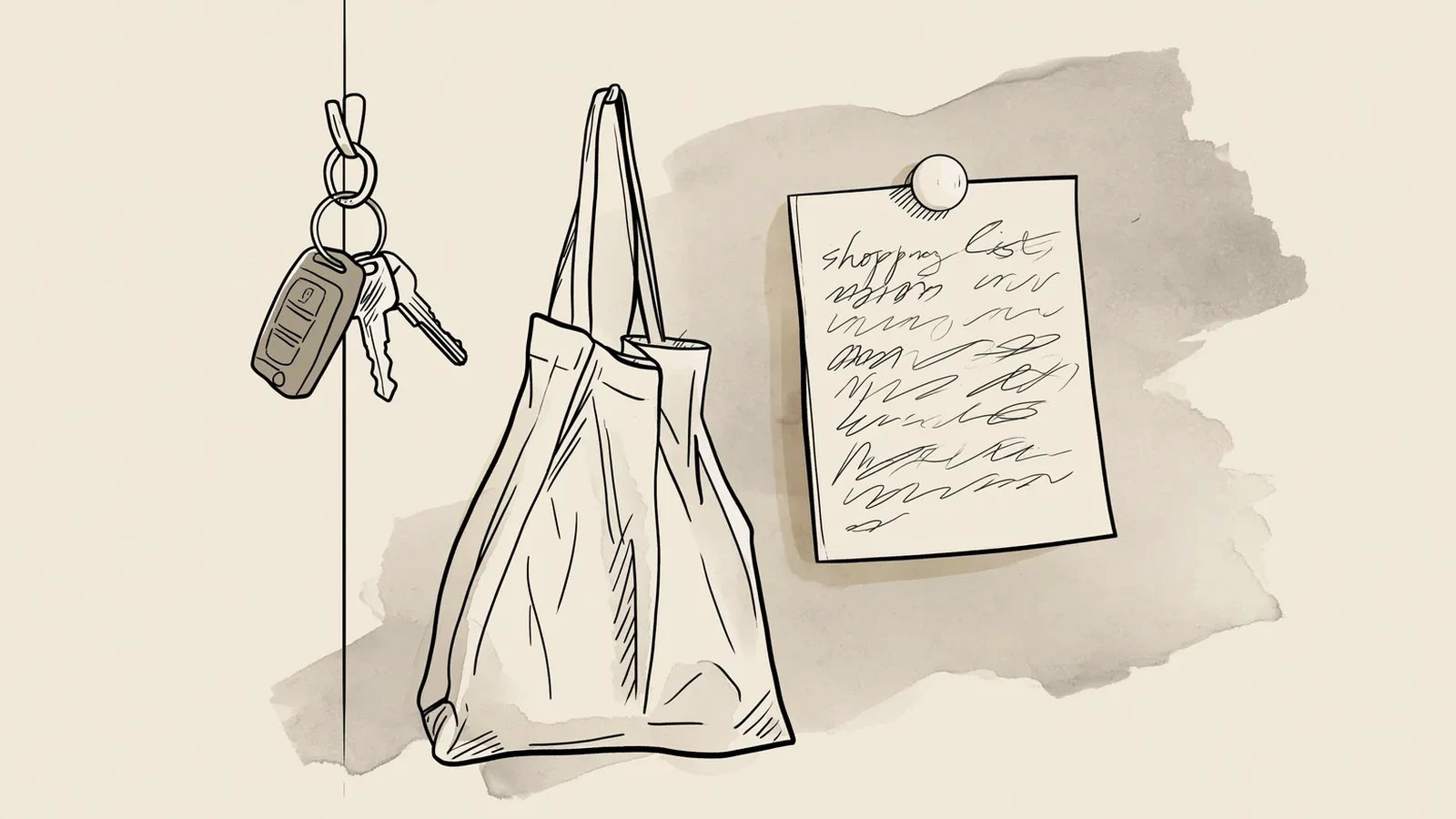 Keys, tote bag and packing list by the door before a trip, period on honeymoon planning