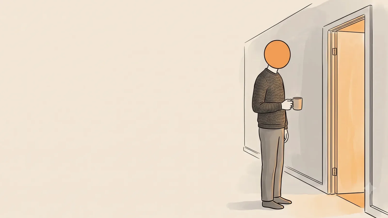 Man waiting quietly in a hallway with a mug, giving her a minute instead of blaming her hormones