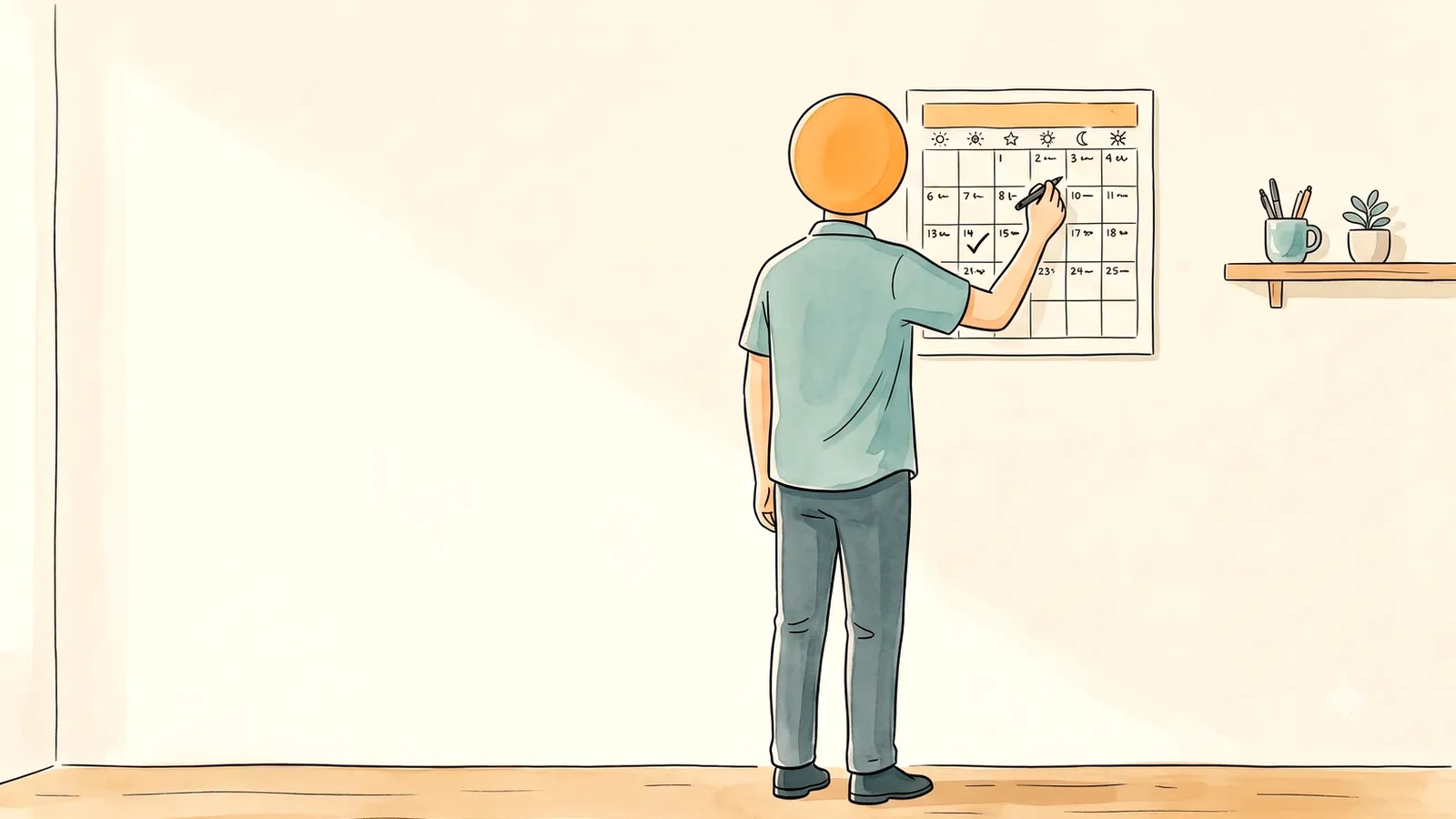 Man marking a wall calendar to check whether her period is late, PMS vs pregnancy symptoms