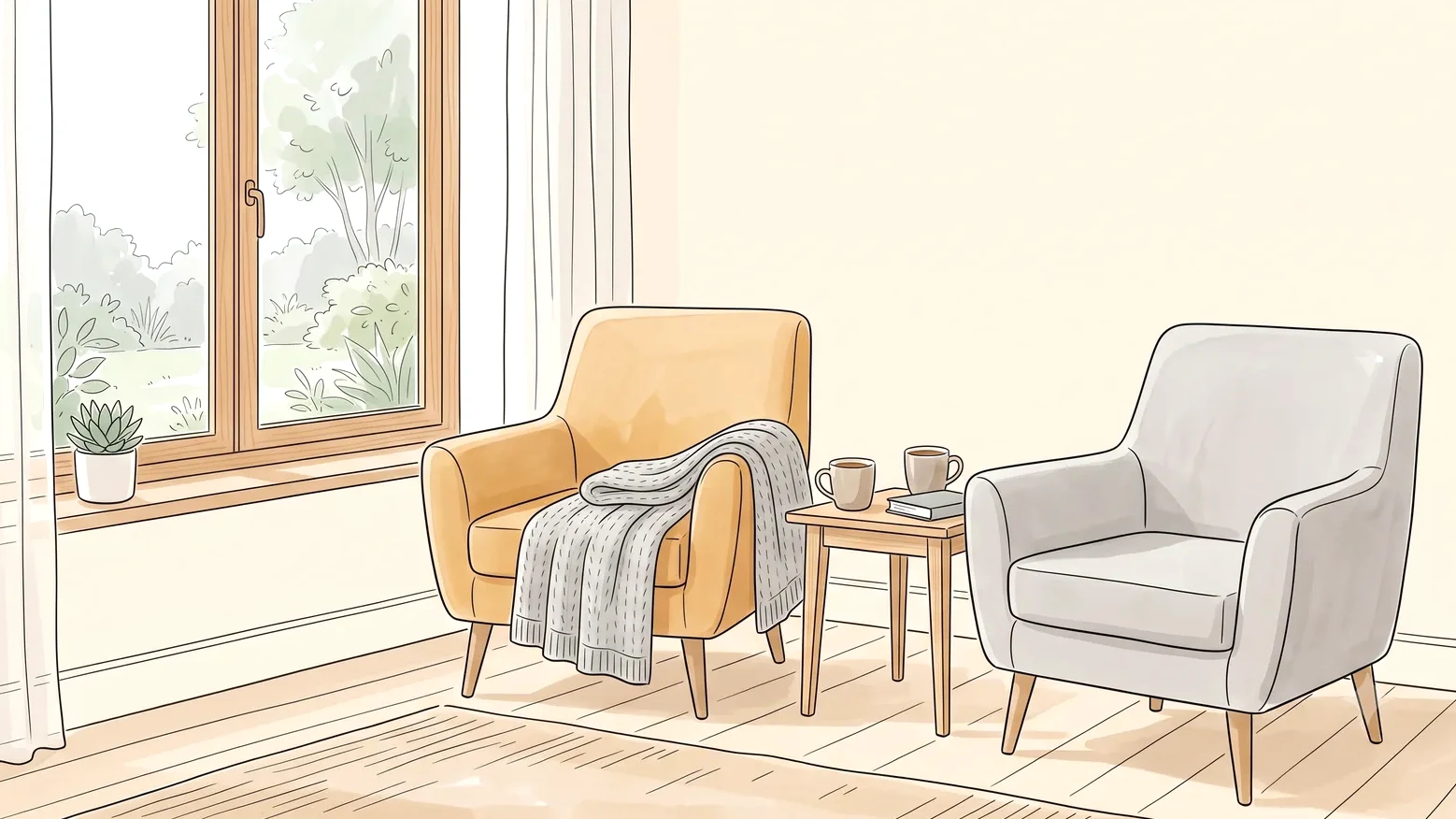 Two chairs by a window with two mugs, a quiet moment during the two-week wait