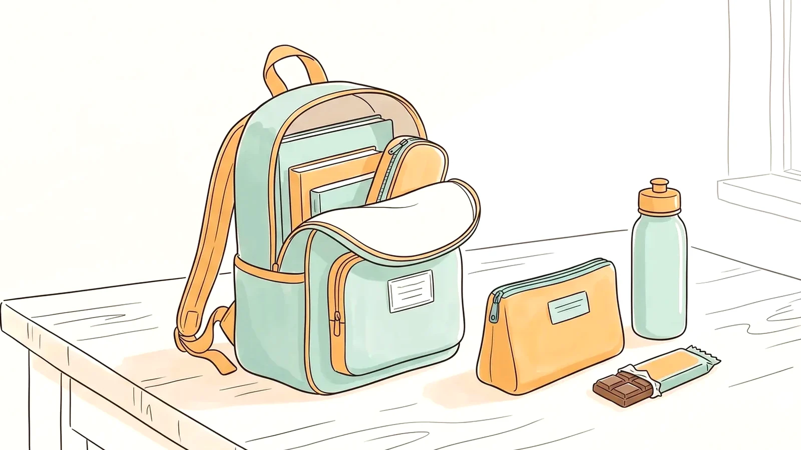 School backpack, water bottle and snack on a table, energy and iron deficiency in teenage girls