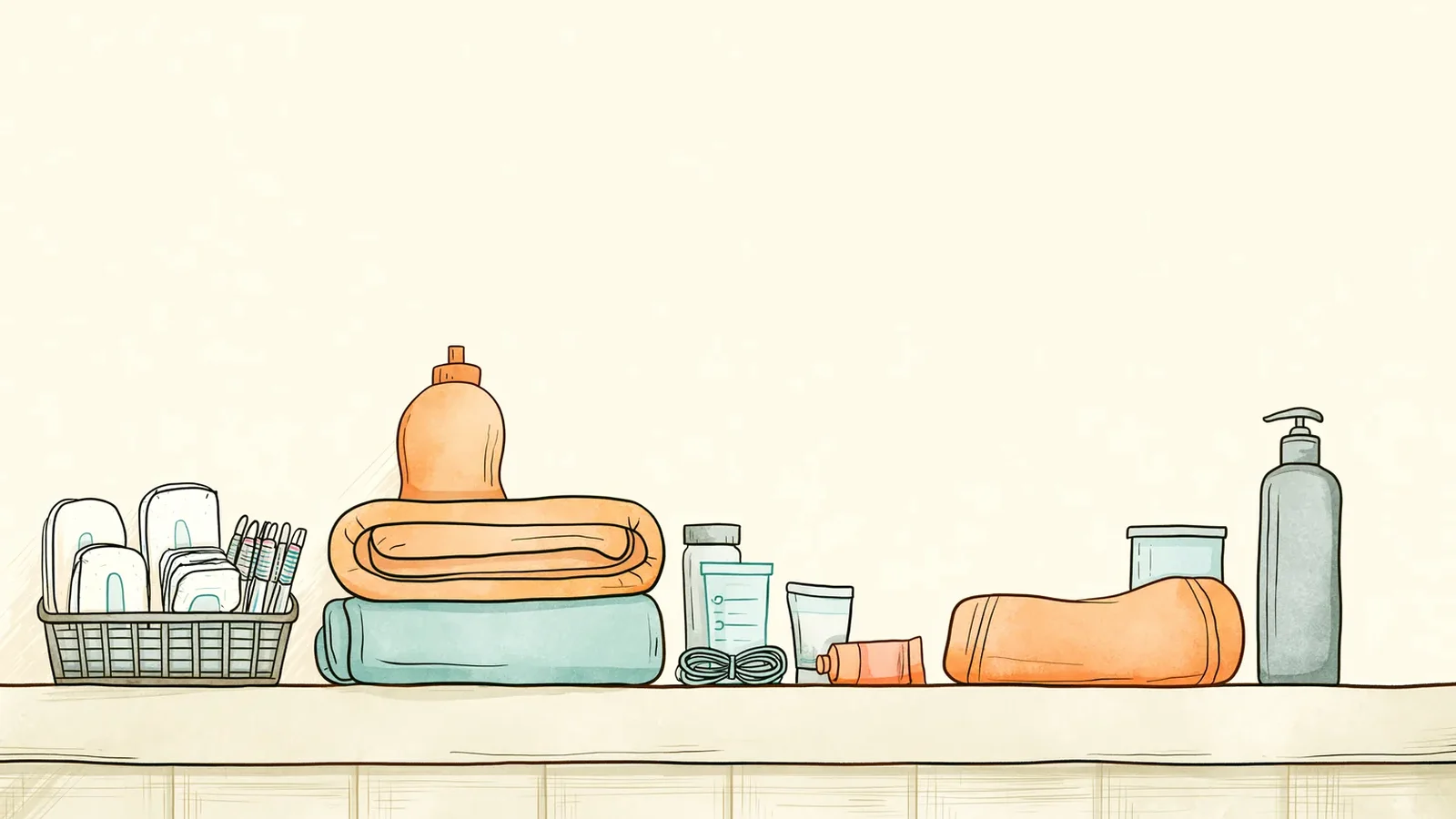 Bathroom shelf with a basket of pads, towels and supplies kept within reach for period hygiene for teens
