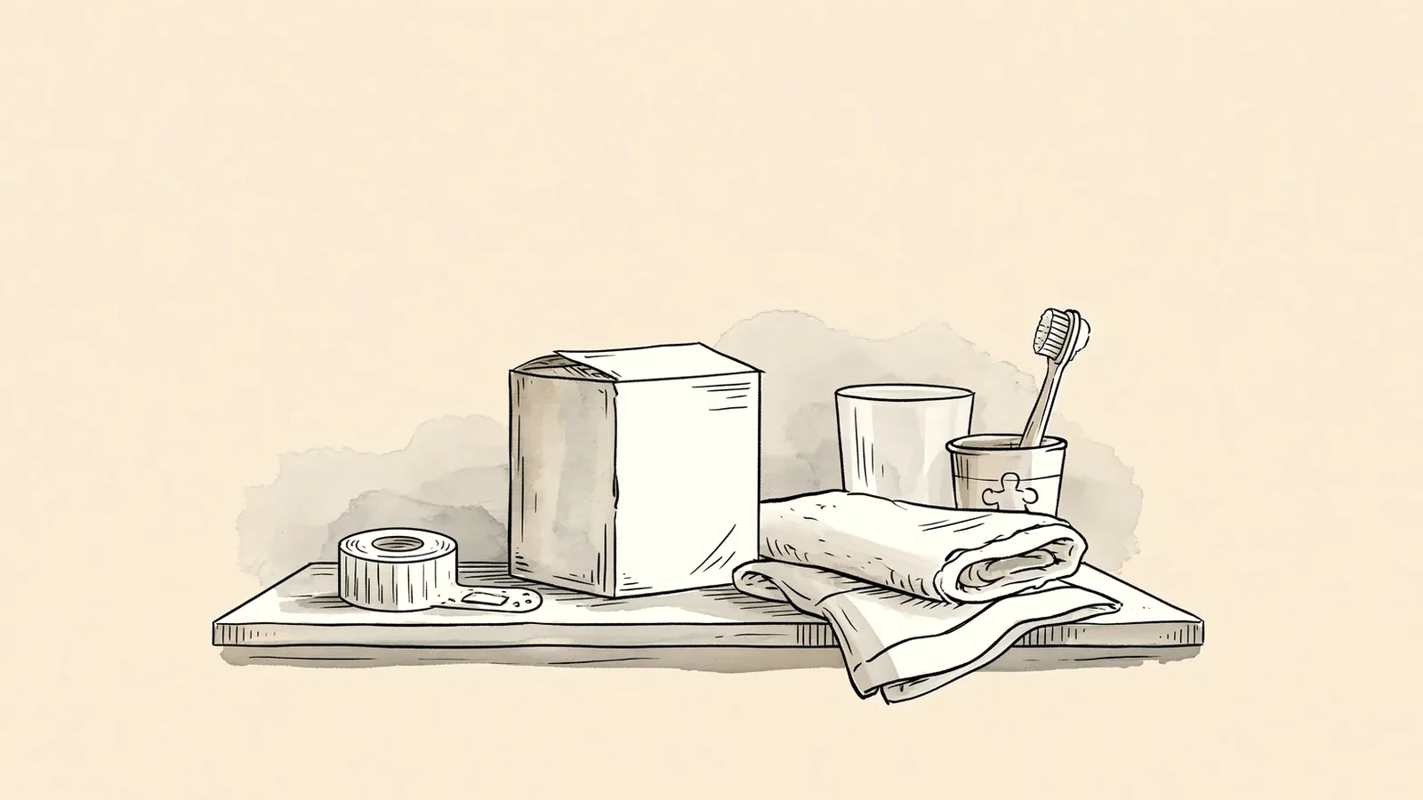 Bathroom shelf stocked with extra supplies for a period lasting longer than 7 days