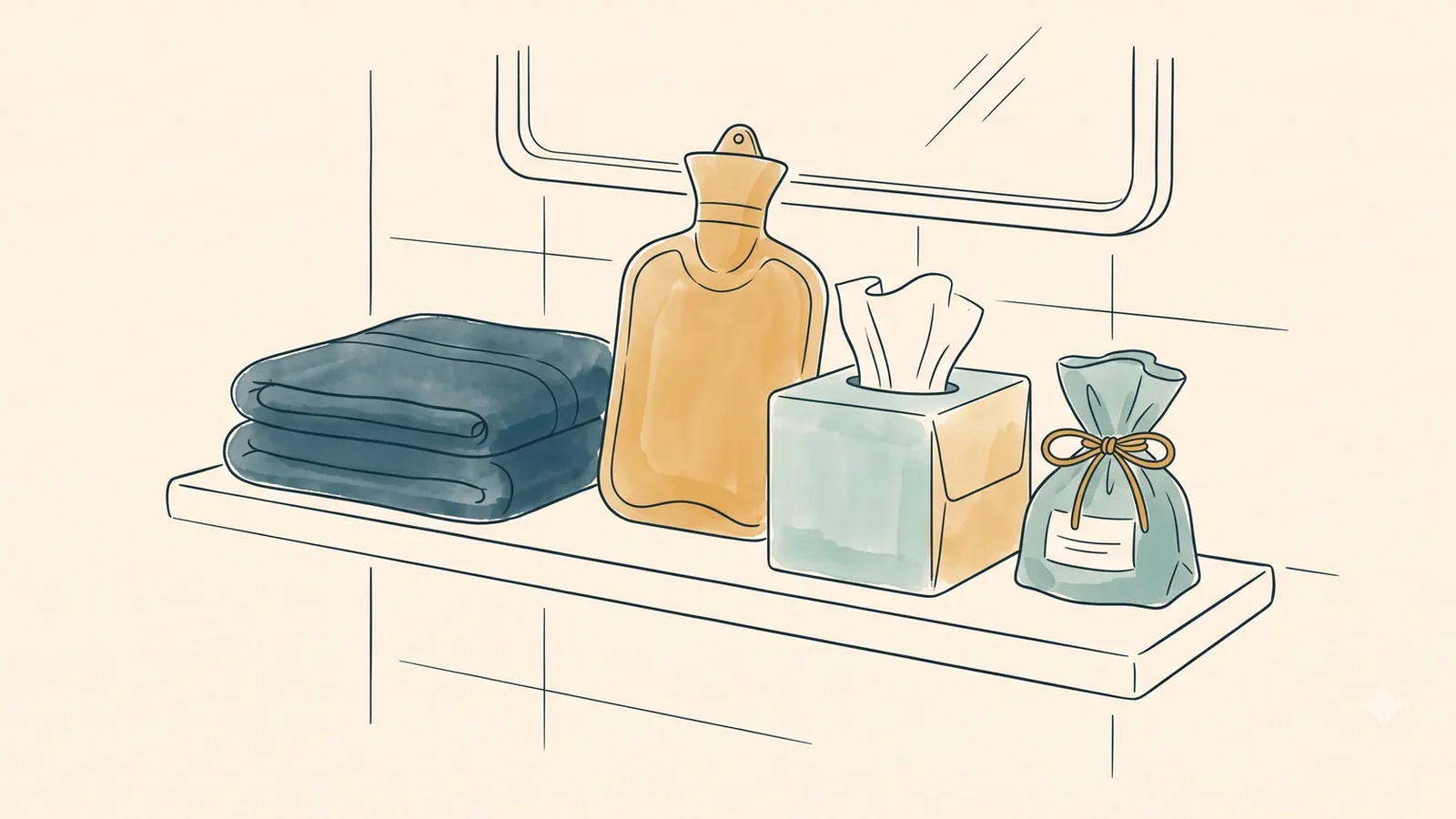 Bathroom shelf with towels, hot water bottle and a pouch, the things kids notice before you explain periods to a child