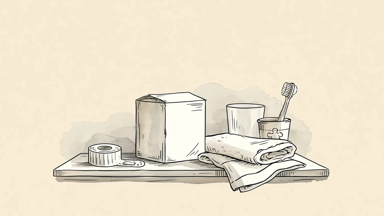 Bathroom shelf with unscented basics and a towel, simple care for a yeast infection before period days