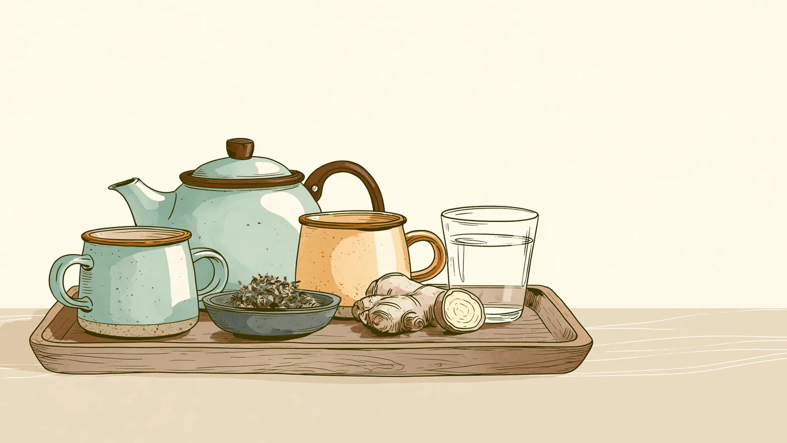 Tea, ginger and water on a tray, a calm evening setup for premenstrual exacerbation