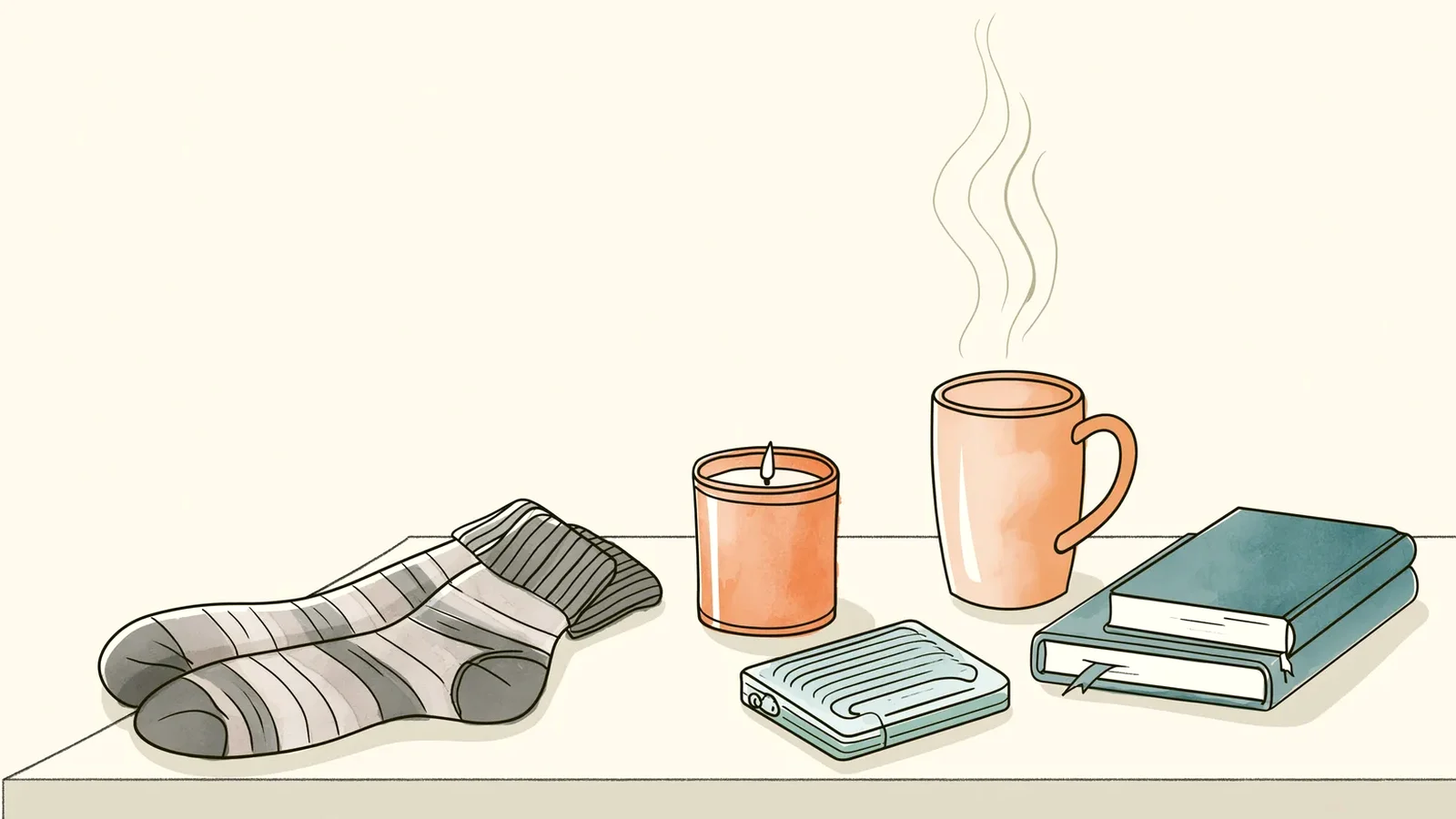Socks, candle, mug and book on a table, small comforts for a partner coping with hair loss and periods