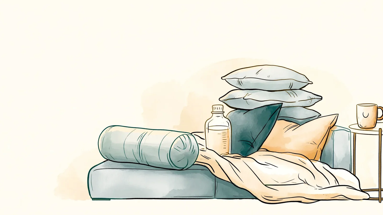Couch set up as a rest spot with pillows, a bolster, water and a mug for hysterectomy recovery