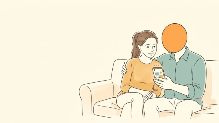 Couple on the couch reading options together, sharing birth control responsibility