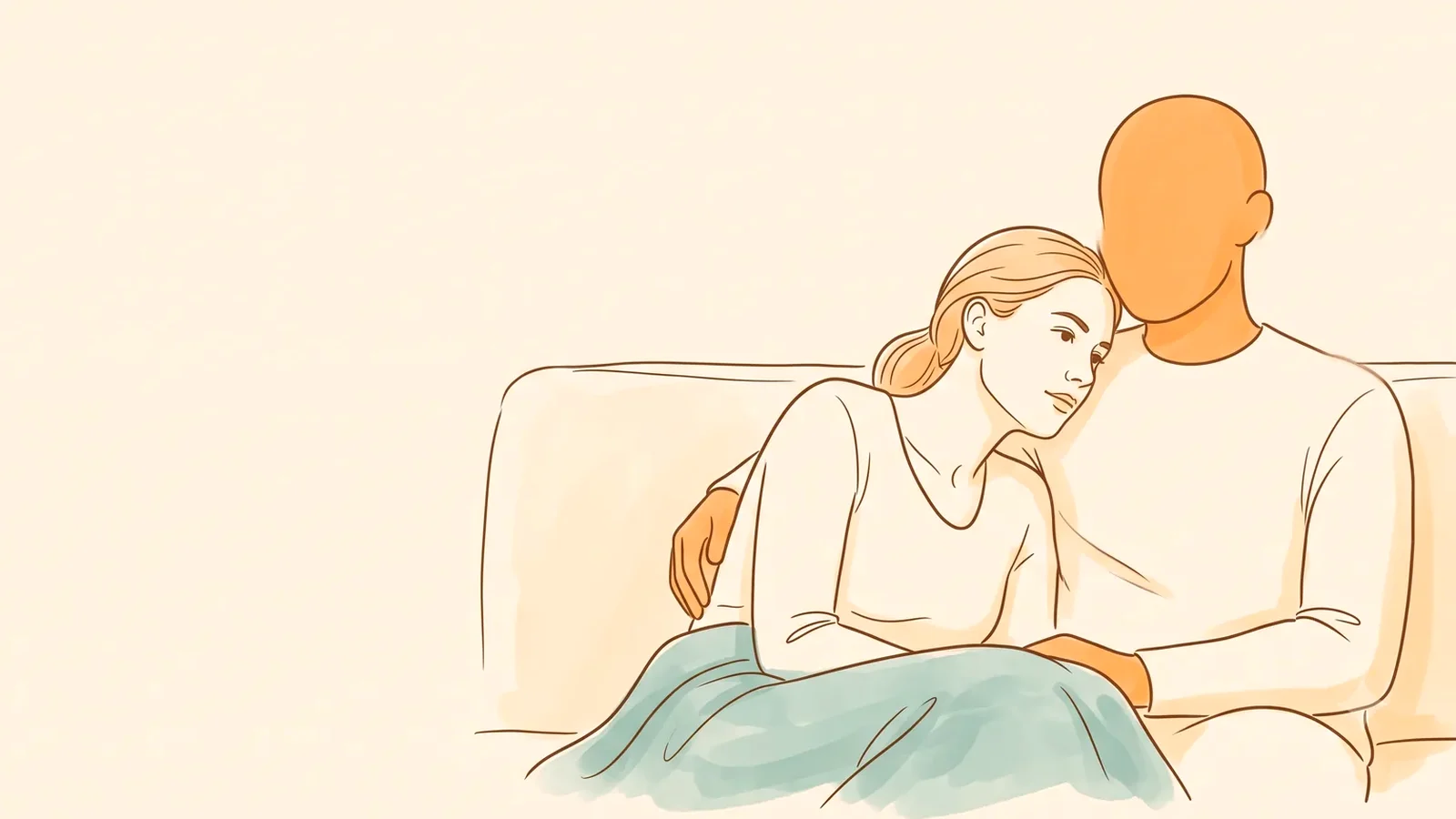Couple on the couch, her head on his shoulder, a calm moment after jealousy before her period