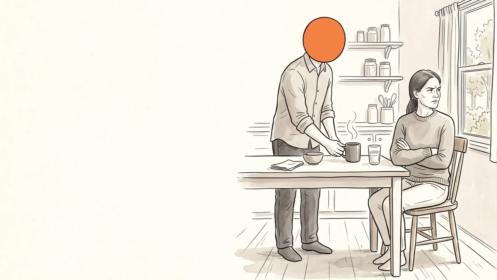 Tense morning in the kitchen as he brings her tea, a hard week before her period