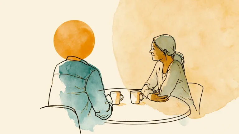 Couple talking quietly at a table about hair loss and periods