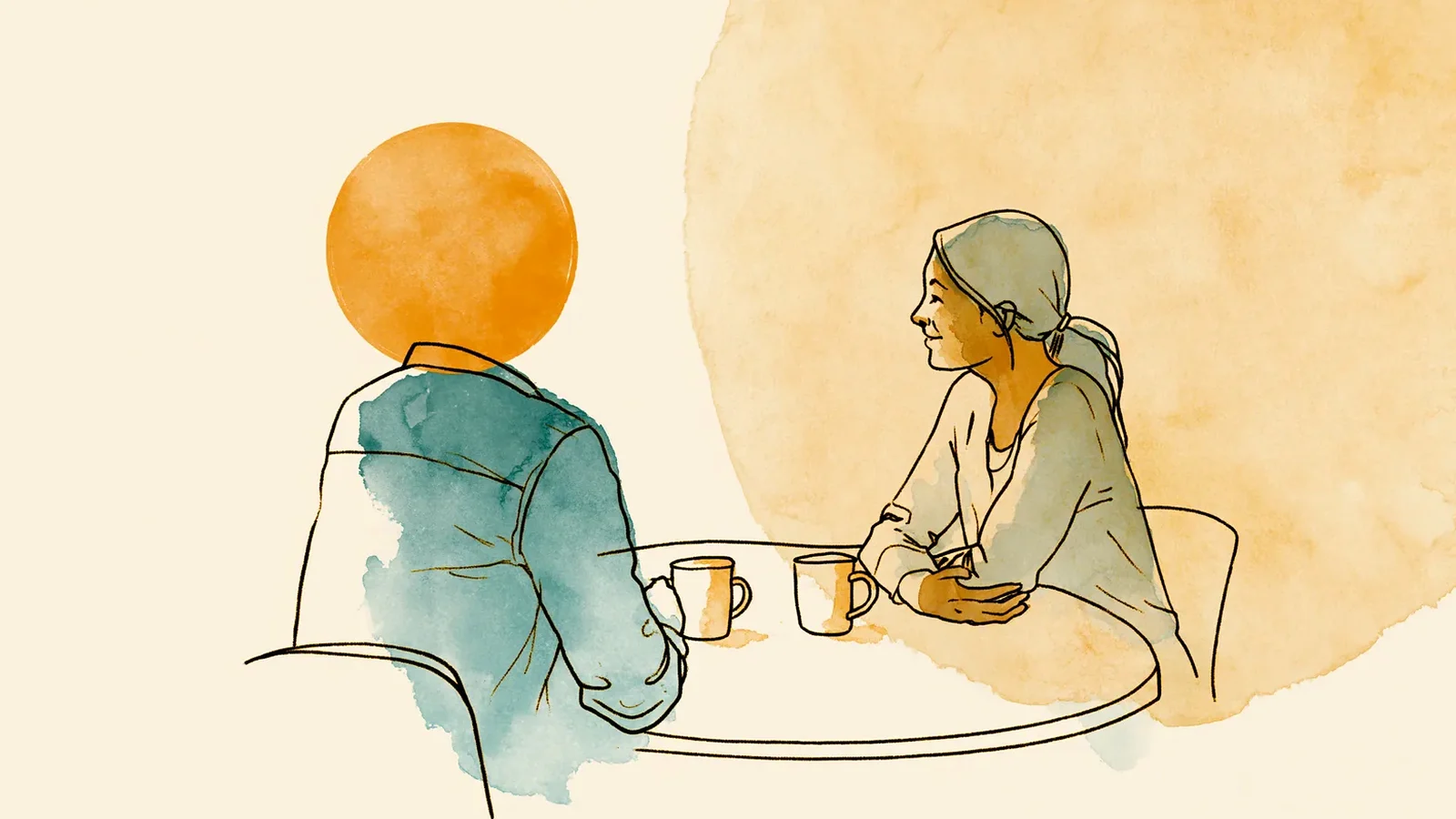 Couple talking quietly at a table about hair loss and periods