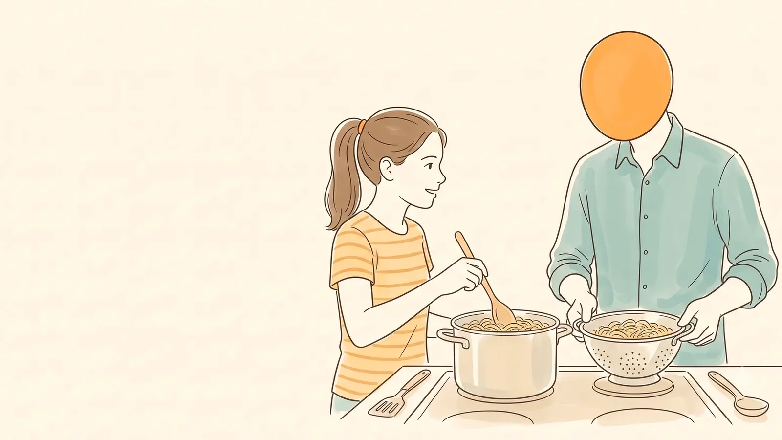 Dad and daughter cooking pasta together, a relaxed time for how to explain periods to a child