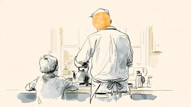 Dad and young son at the kitchen counter, an everyday moment for how to explain periods to a child