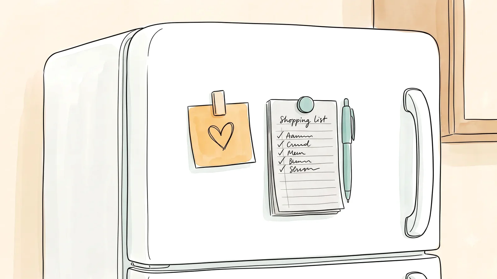 Fridge with a heart note and shopping list, planning easy meals for weight gain before period days