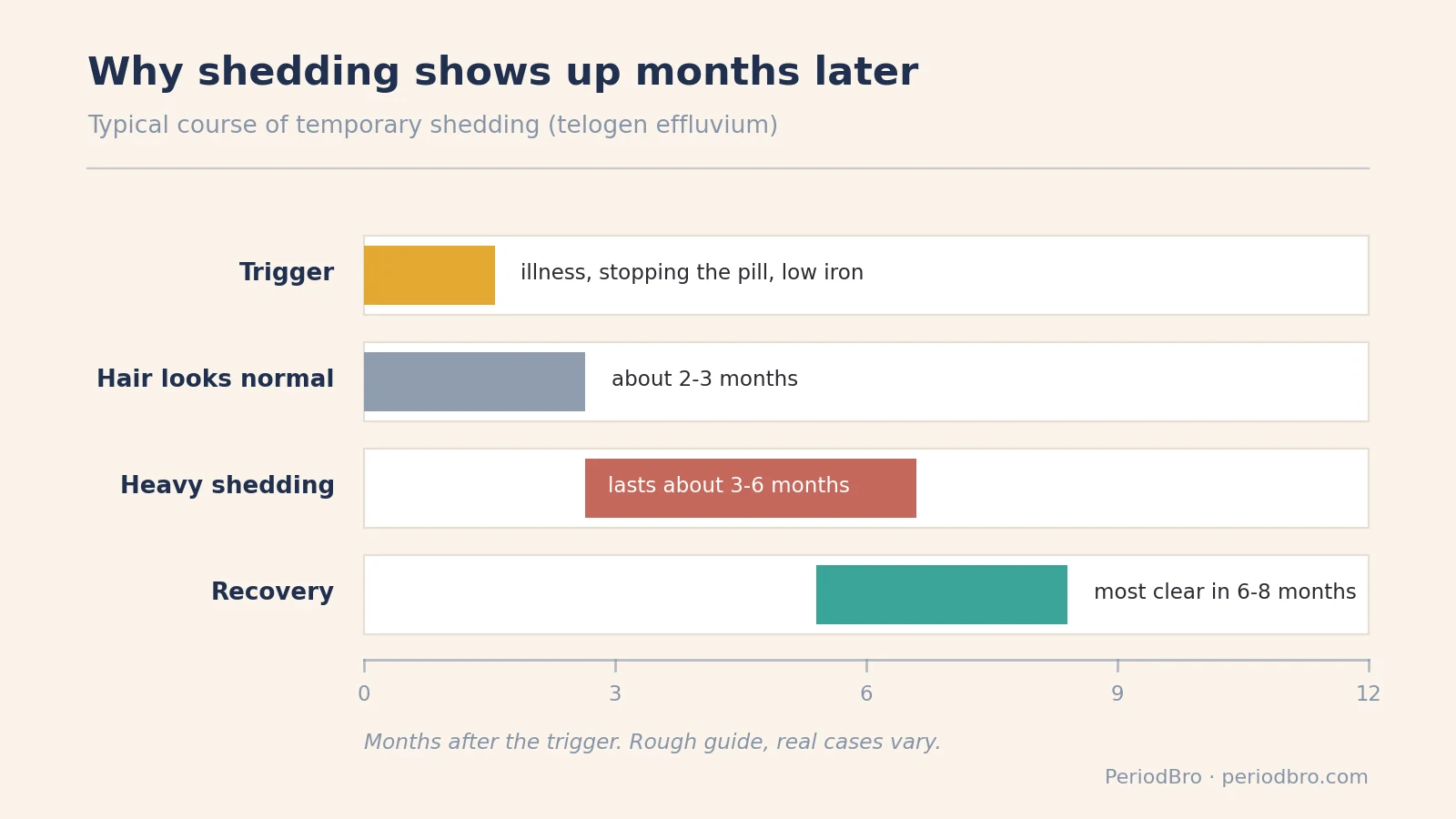 Hair loss and periods: typical timeline of telogen effluvium from trigger to shedding to regrowth