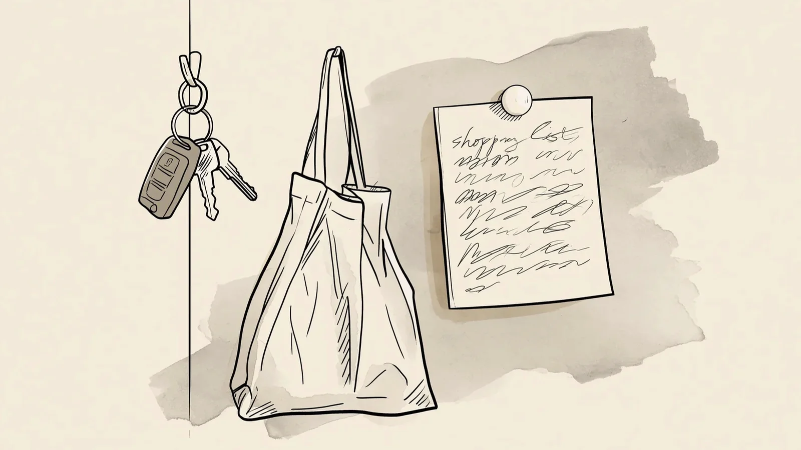Keys, a tote bag and a shopping list on hallway hooks, a small errand that helps undo period stigma at home