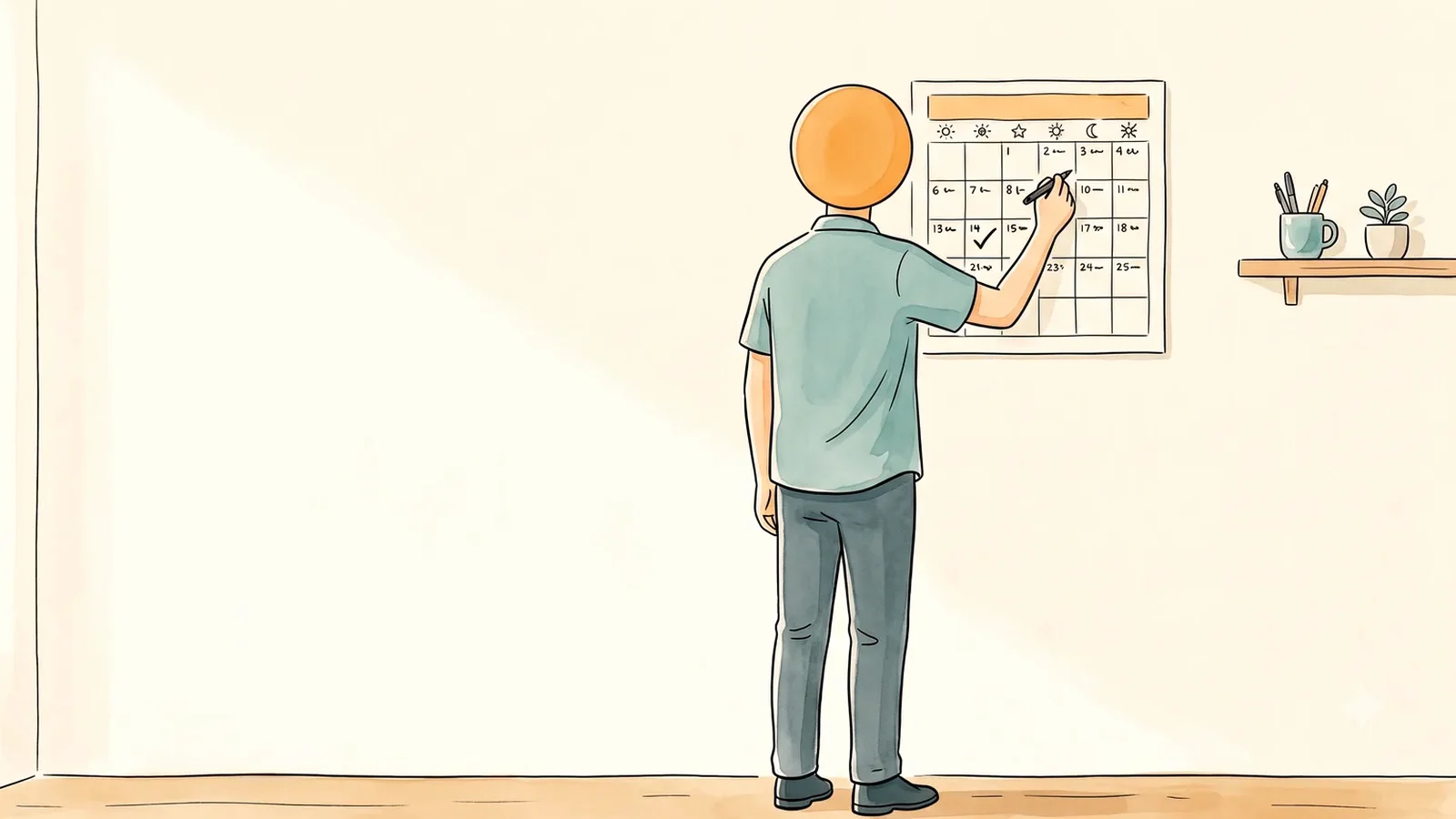 Man marking a test day on the wall calendar while working out implantation bleeding vs period