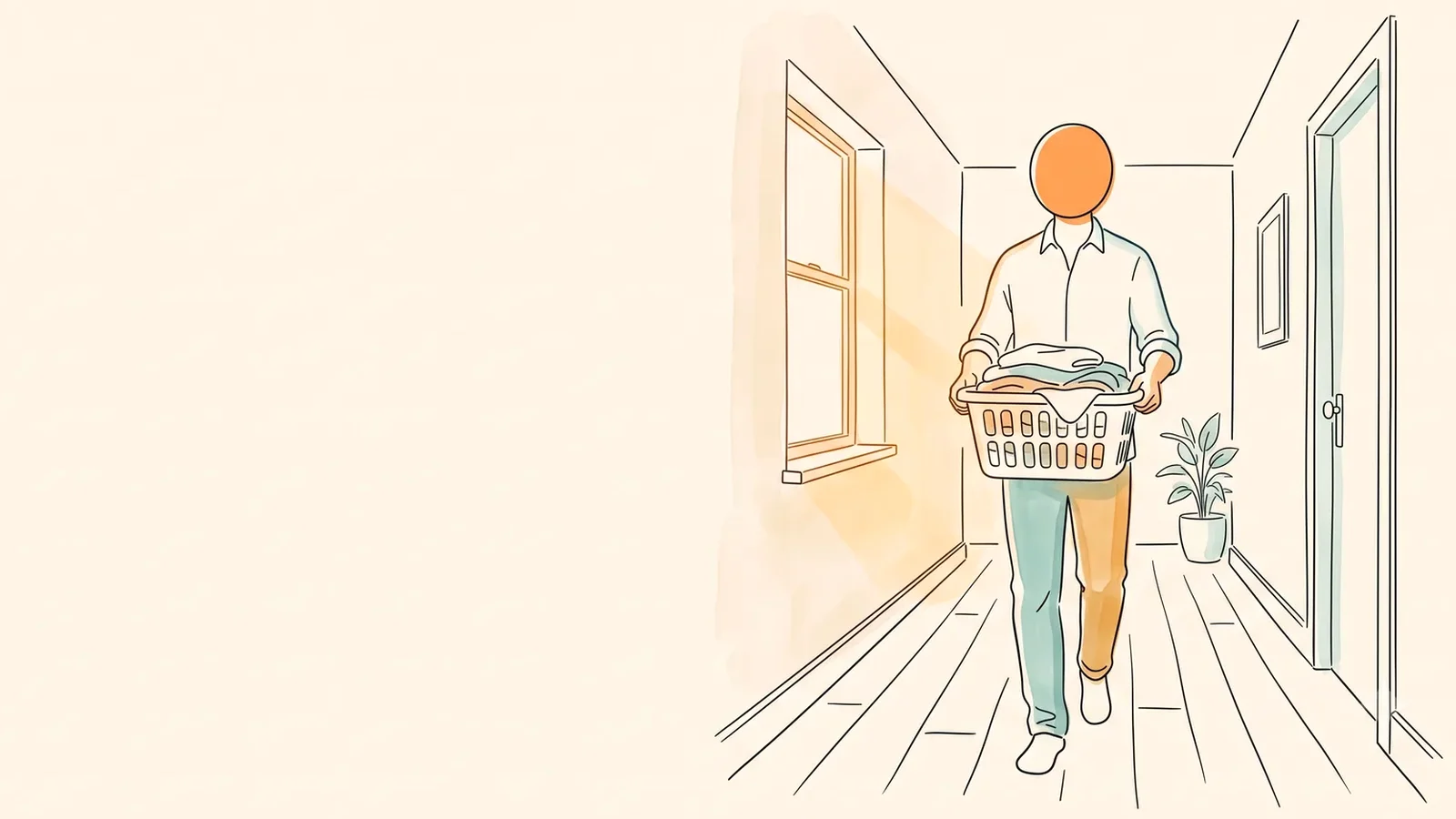 Man carrying a laundry basket down the hallway, taking over lifting during hysterectomy recovery for partners