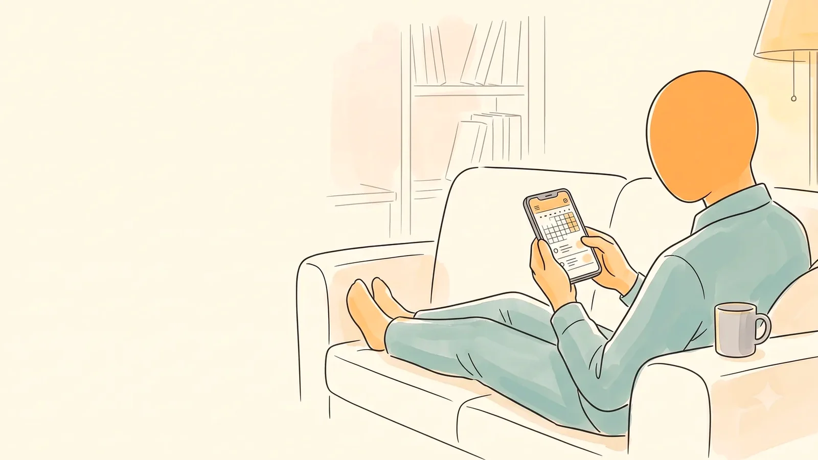 Man on the couch checking his phone, calling a nurse line about when to go to the ER for period pain