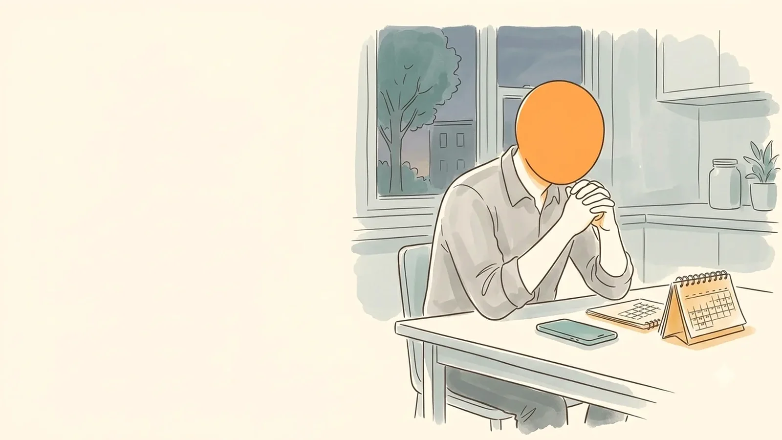 Man sitting at a kitchen table with a phone and a desk calendar, working out what period symptoms but no period might mean