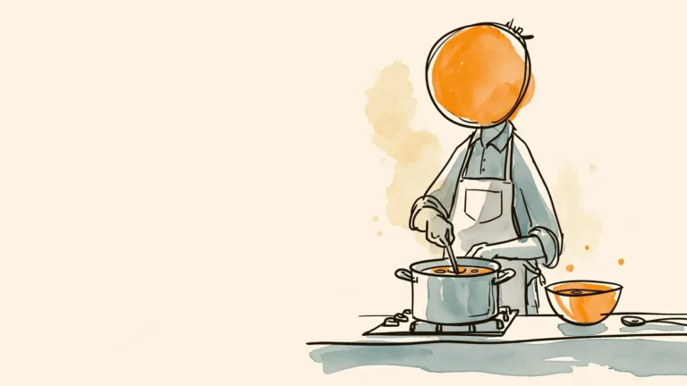 Man in an apron cooking a light dinner at the stove, helping with weight gain before period days