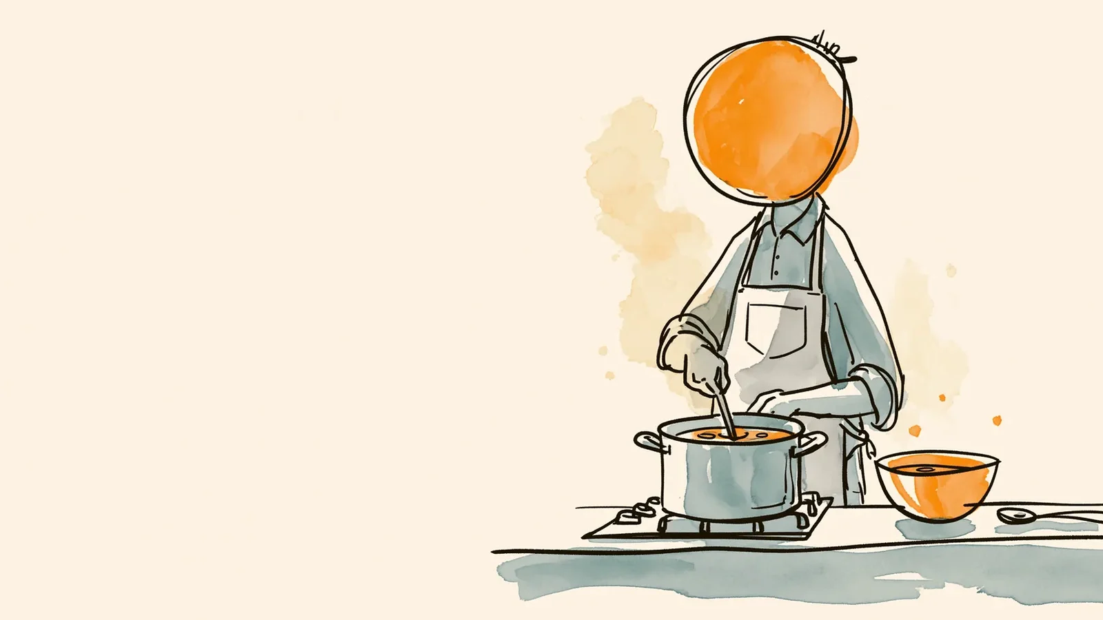 Man in an apron cooking a light dinner at the stove, helping with weight gain before period days