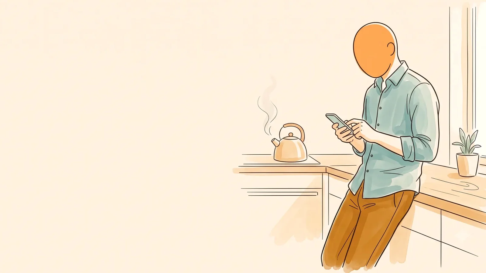 Man in the kitchen texting when he'll be home, a small fix for jealousy before her period