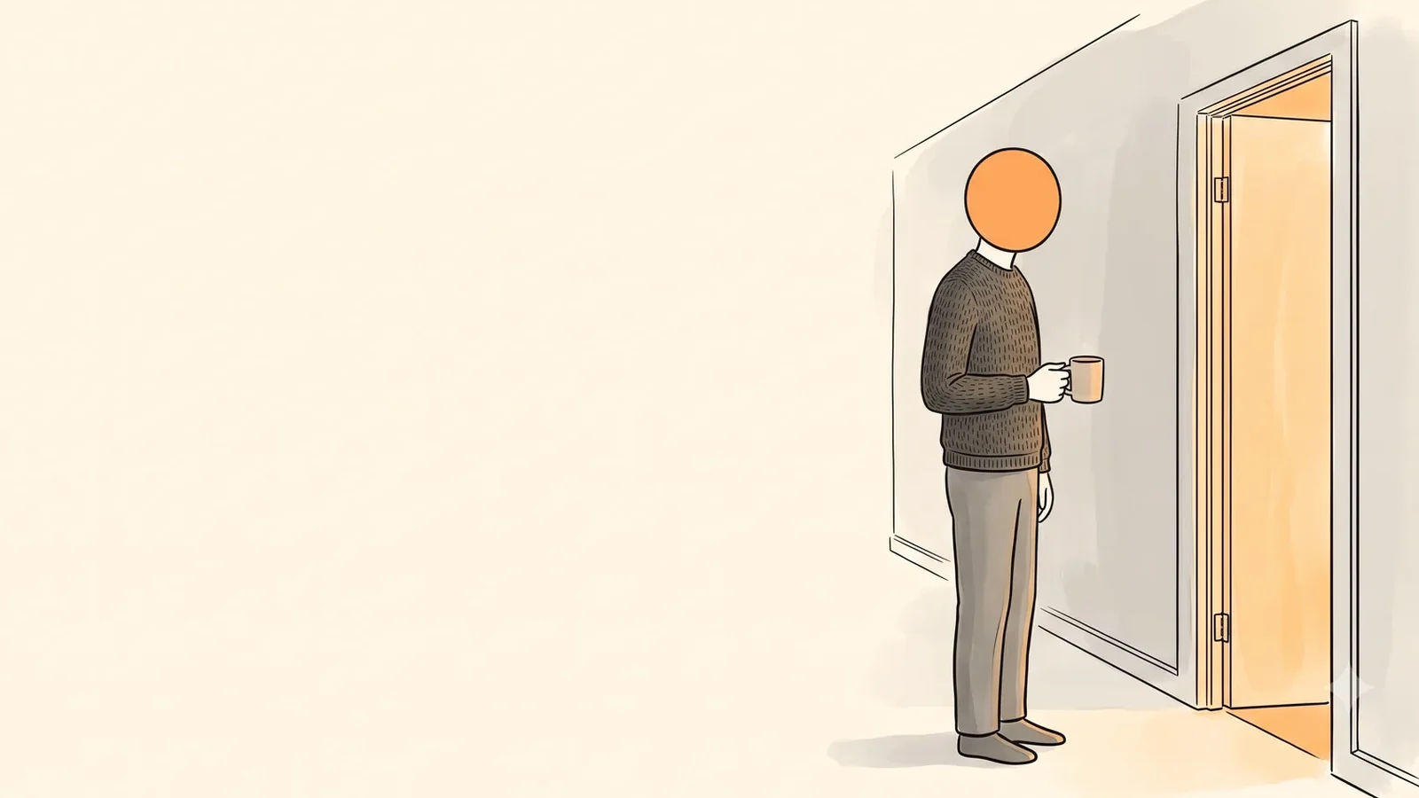 Man waiting in the hallway with a mug by a half-open door, giving space when physical touch during period is too much