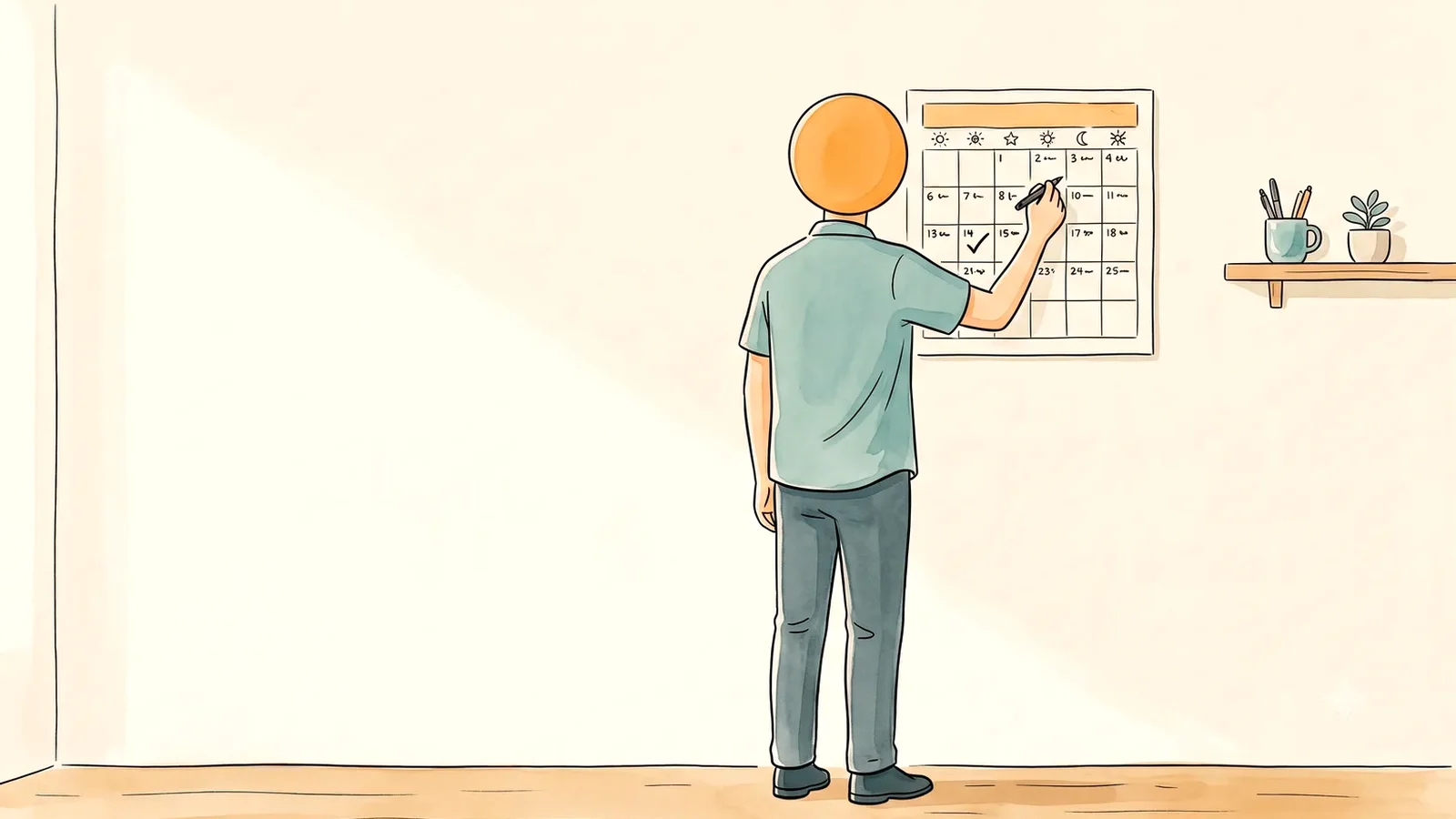 Man marking dates on a wall calendar, keeping a simple period tracker for irregular periods