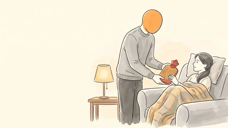 Partner handing her a hot water bottle on the couch, deciding when to go to the ER for period pain