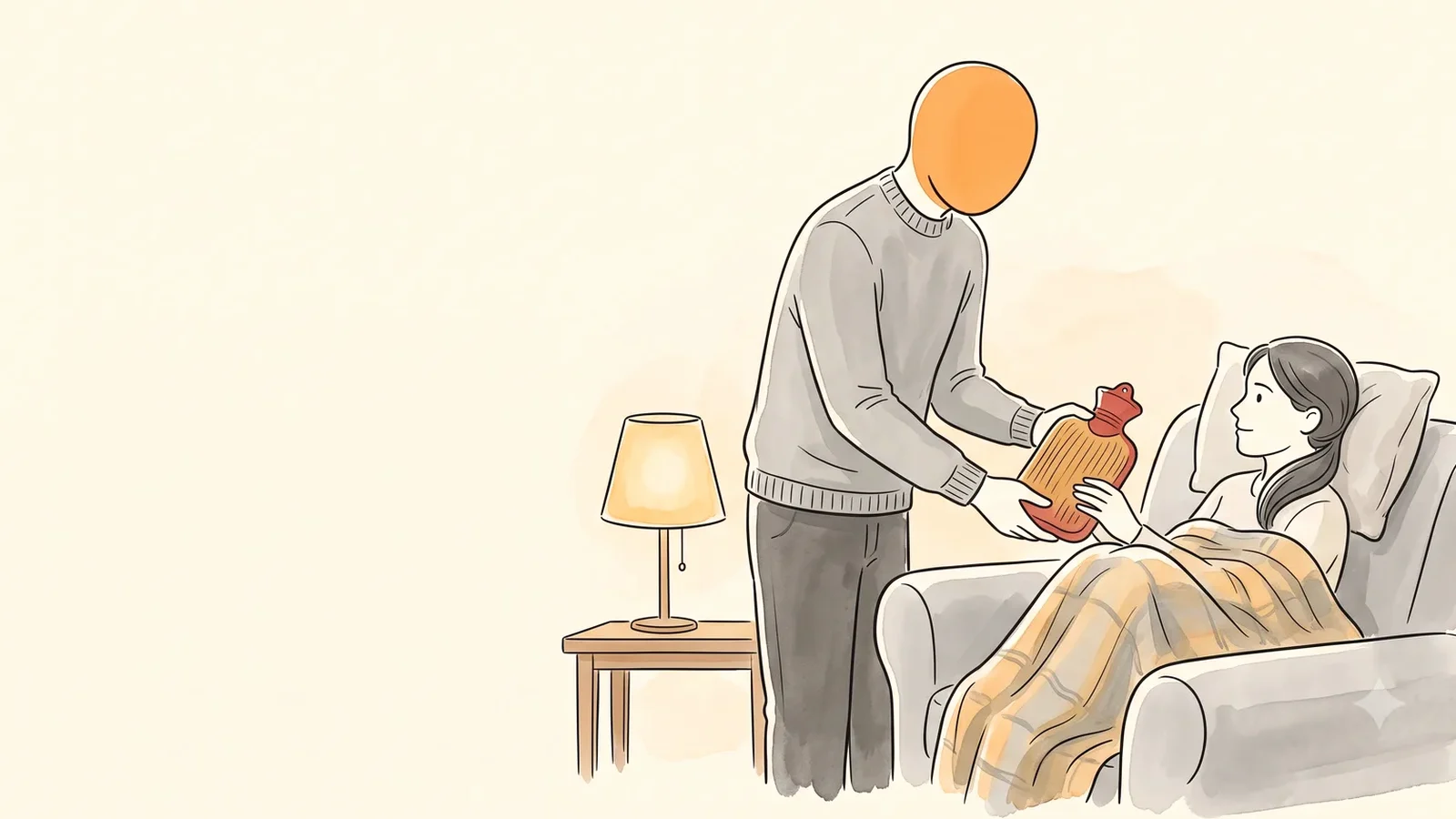 Partner handing her a hot water bottle on the couch, deciding when to go to the ER for period pain