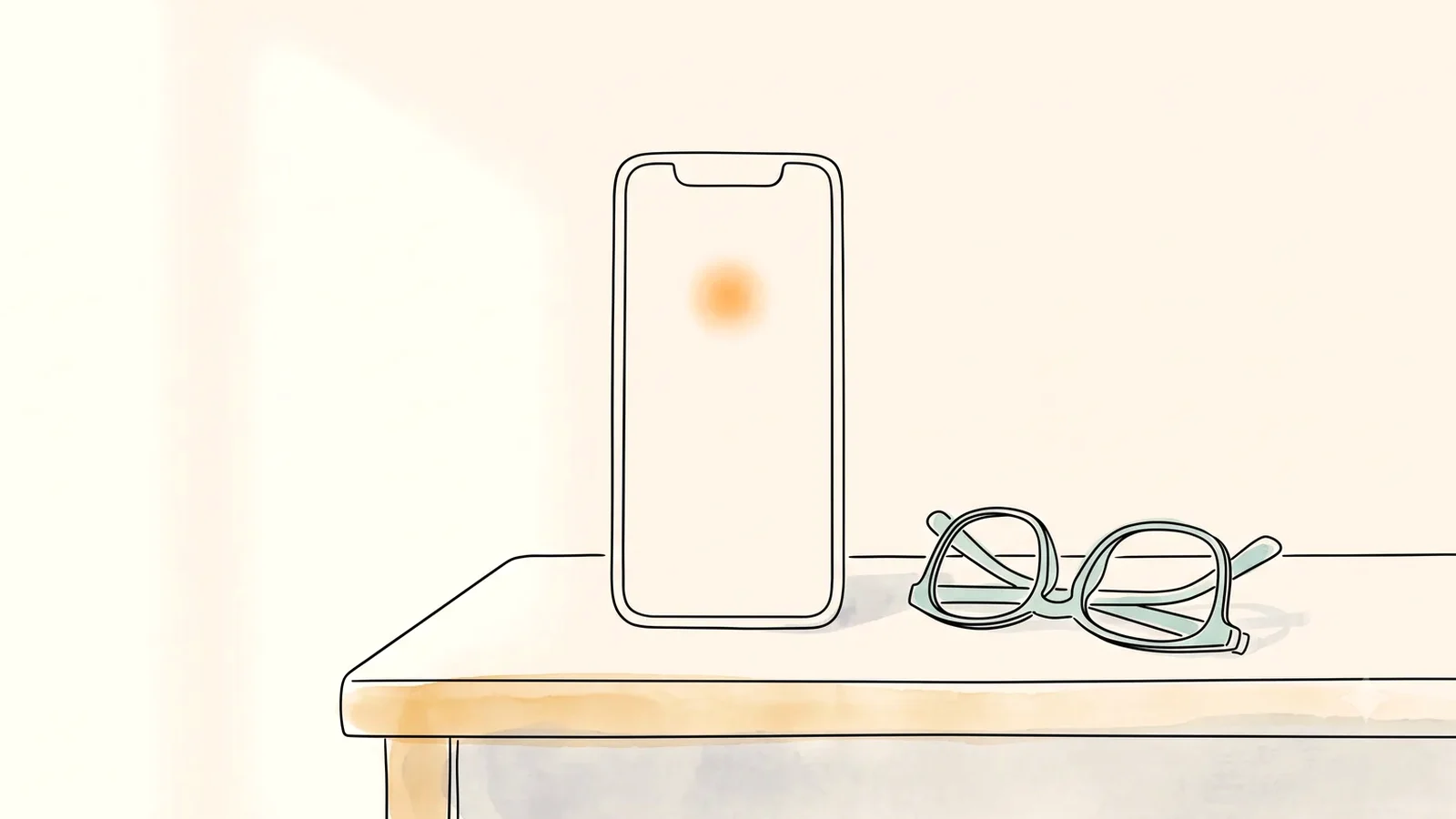Phone on a nightstand next to a pair of glasses, a quiet reminder to note symptoms when it is period symptoms but no period