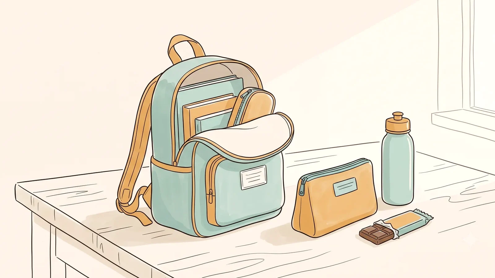 School backpack with a small zip pouch, water bottle and snack, a period kit for period hygiene for teens