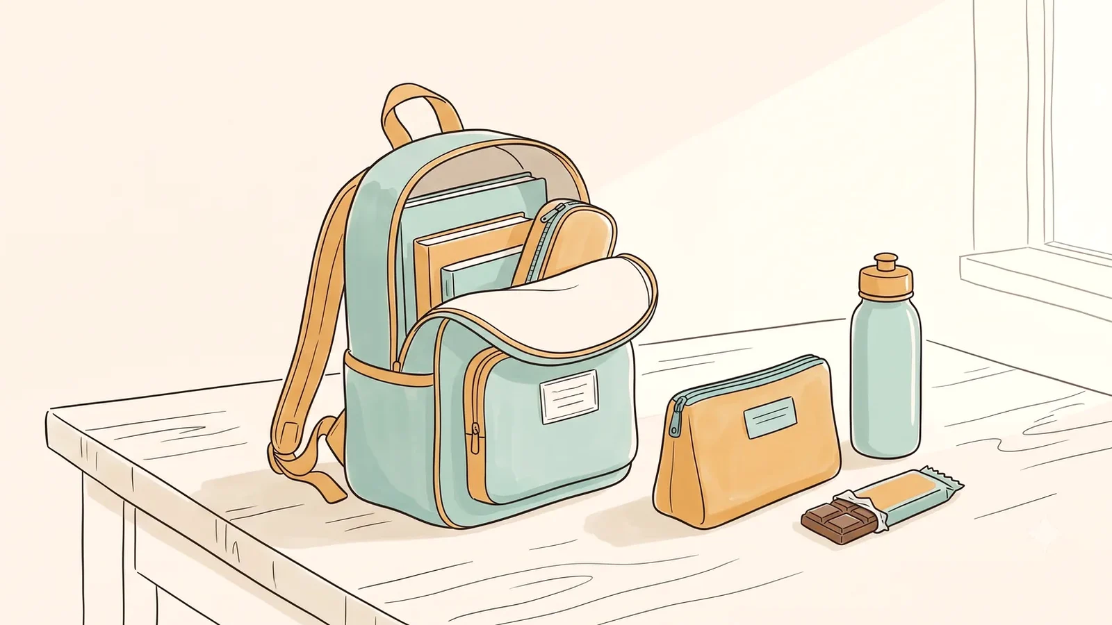 School bag, water bottle and snack on a table, everyday support for pcos in teenage girls
