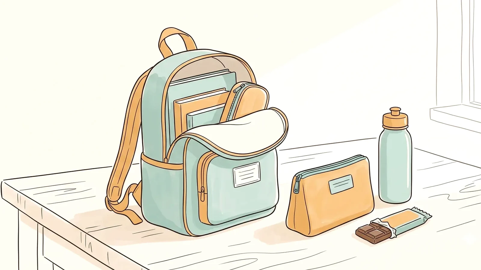 Bag with a small zip pouch and water bottle, a period kit for swimming on your period