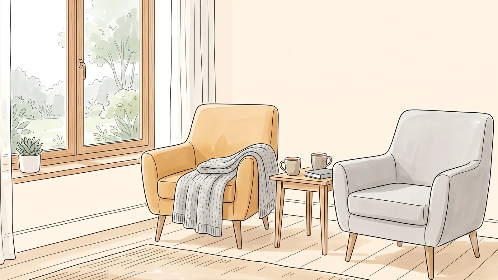 Two chairs by the window with mugs, a calmer follow-up talk after wanting to break up before her period