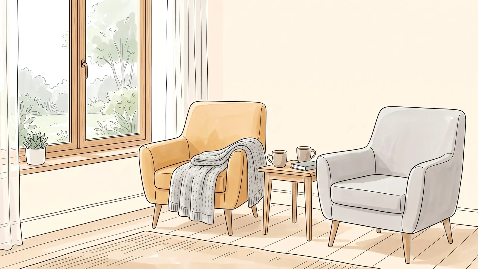 Two armchairs by a window with a blanket and mugs, a quiet evening after a hard day with hair loss and periods